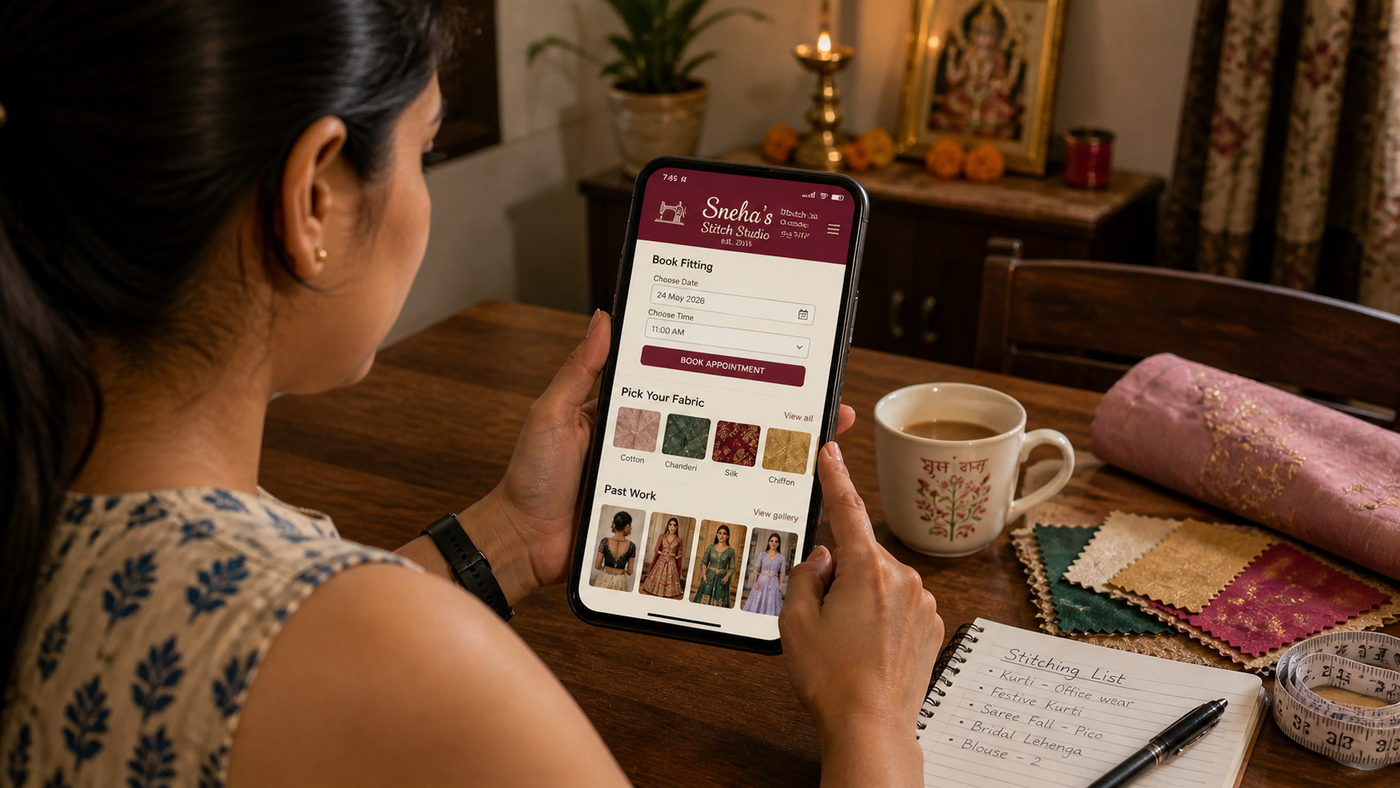 Sneha's Stitch Studio mobile app on iPhone — Book Fitting form, Pick Your Fabric grid (5 swatches), Past Work carousel of 4 lehengas — held by a customer at her home dining table with chai and a stitching list notebook