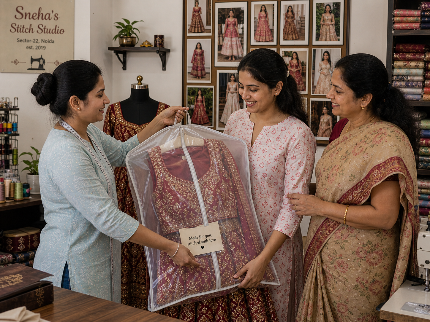 Delivery handover scene at Sneha's Stitch Studio — Sneha handing a wrapped maroon bridal lehenga in a transparent garment-cover with a 'Made for you, stitched with love' tag to a young woman customer in pink kurta and her mother in cream-pink saree, fabric-bolt rack and wedding-photo board in the background