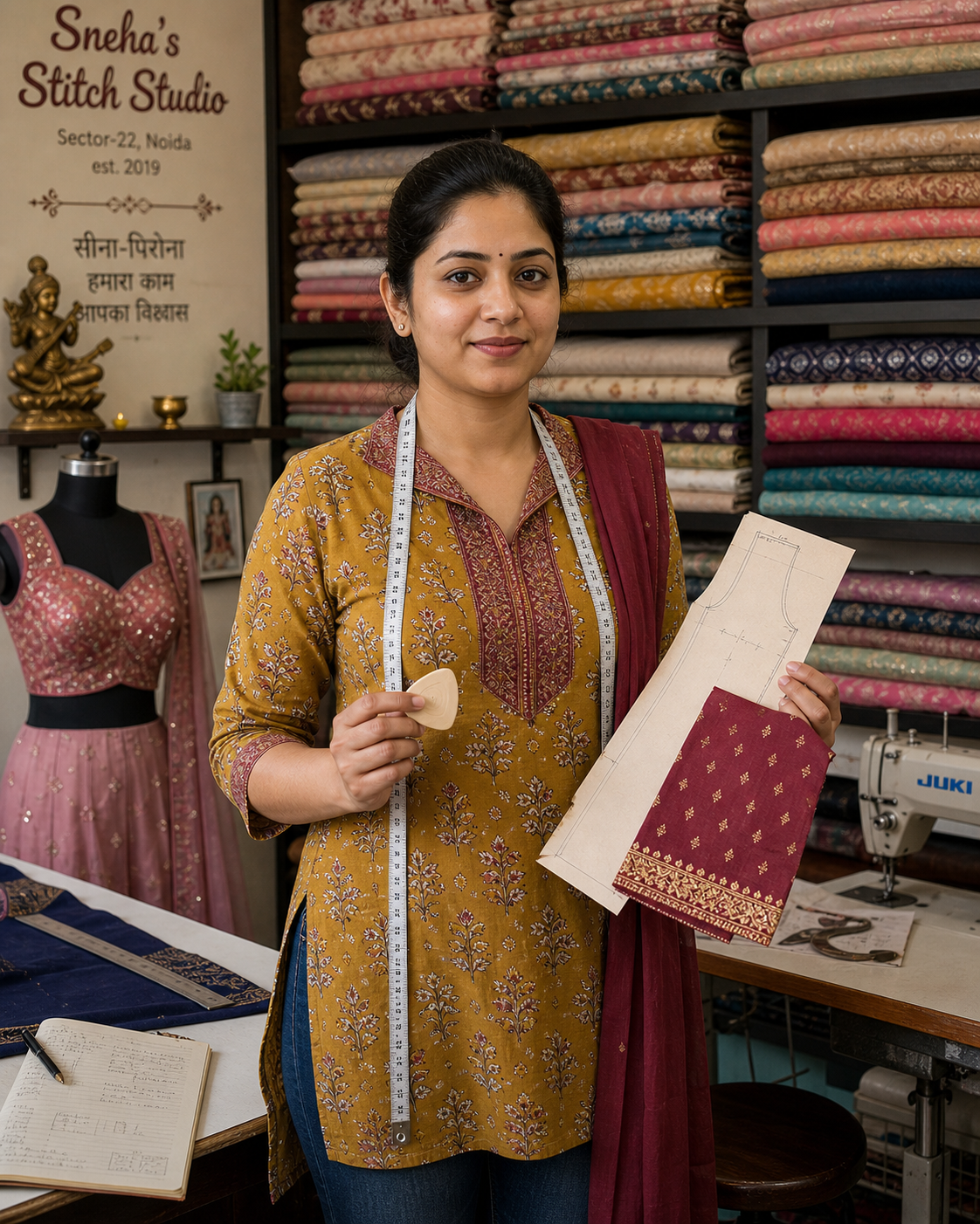 Founder-master-tailor Sneha at Sneha's Stitch Studio holding measuring tape, paper pattern, and a maroon saree-blouse fabric swatch — branded backdrop sign Sneha's Stitch Studio Sector 22 Noida est 2019