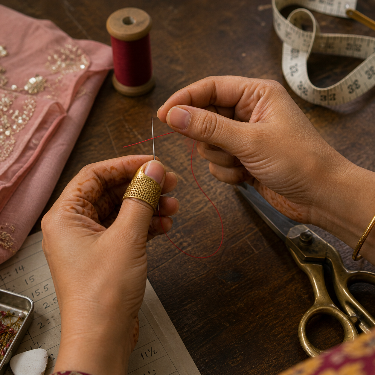 Macro close-up of hands threading a needle — gold thimble on the index finger, mehendi-stained fingers, pink lehenga fabric with sequin-embroidery, vintage-bronze tailoring scissors, measuring-tape with markings, a small box of beads