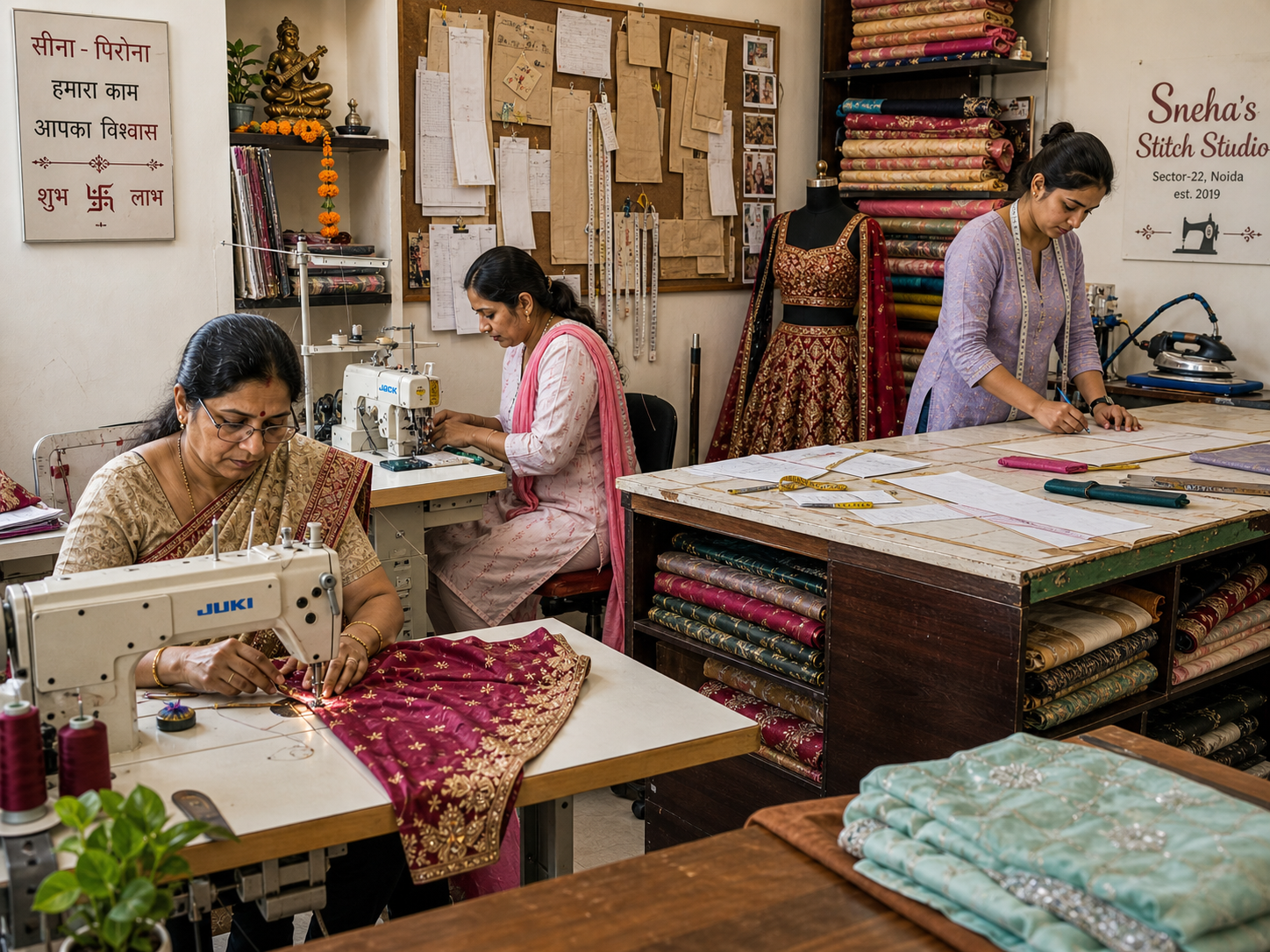 Sneha's Stitch Studio workshop floor — three women karigars at JUKI industrial sewing machines, master tailor Sneha at the cutting table, fabric rolls and pattern boards on the wall, marigold garland and Ganesh shrine in the corner